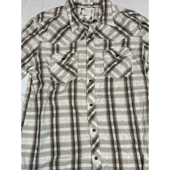 BKE Buckle Mens Large Brown Plaid Snap Long Sleeve Shirt Slim Fit Button Up - Picture 2 of 7